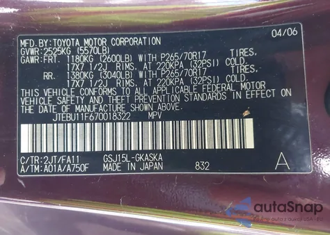 2007 Toyota Fj Cruiser z USA, uszkodzony, nr VIN JTEBU11F67001832